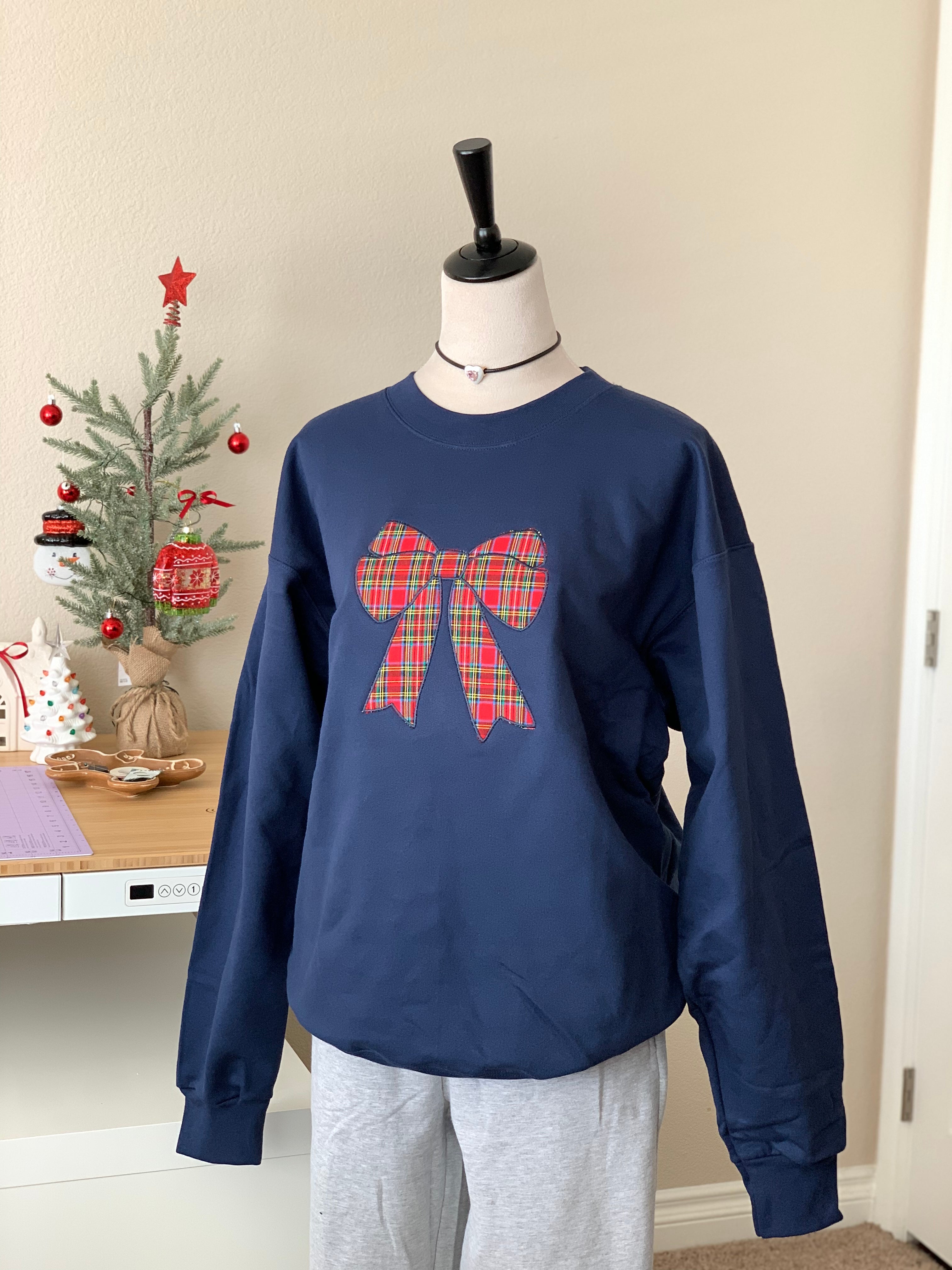 Tartan Bow Embroidered Christmas Sweatshirt | Cozy Oversized Holiday Crewneck