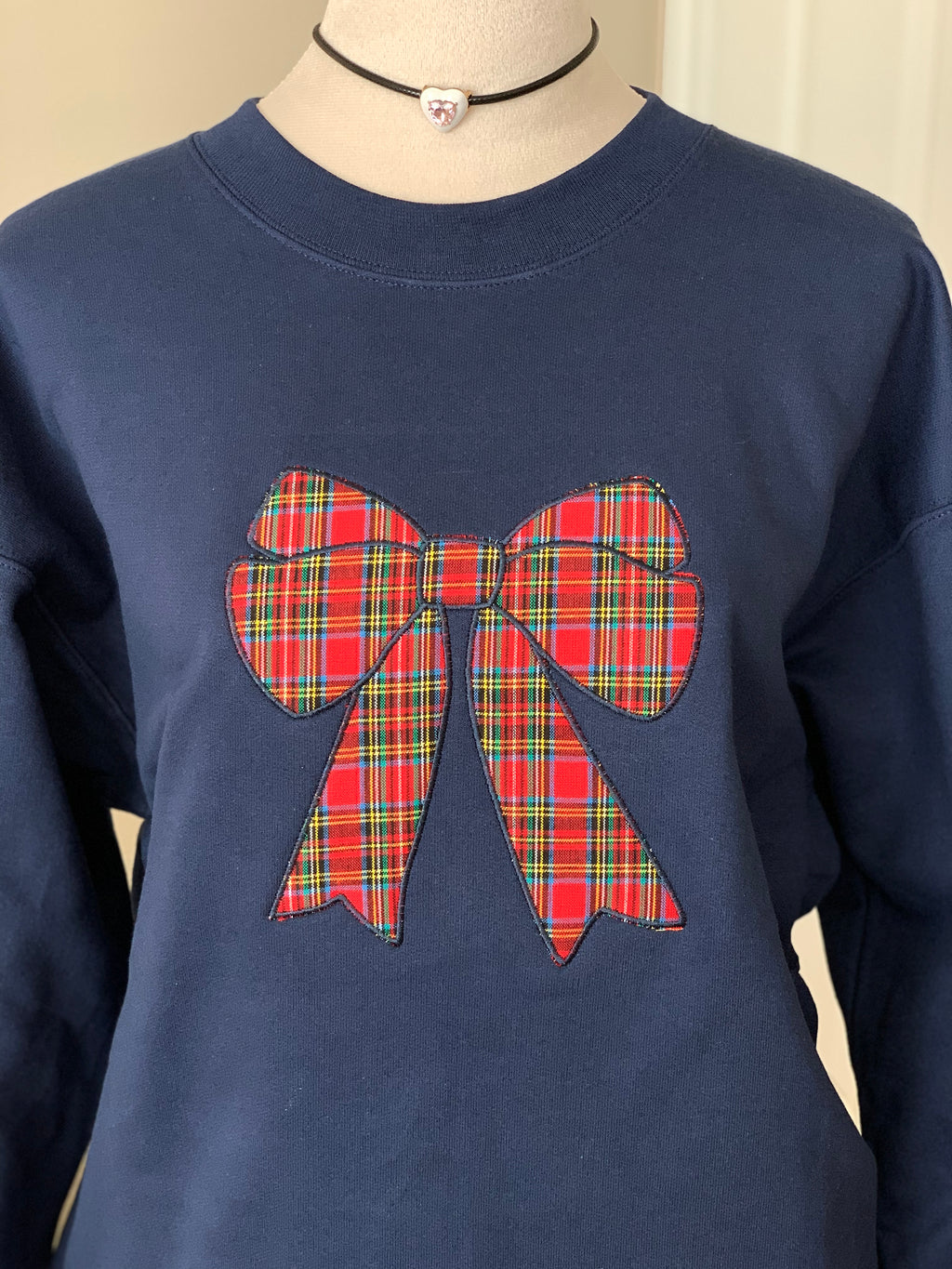 Tartan Bow Embroidered Christmas Sweatshirt | Cozy Oversized Holiday Crewneck