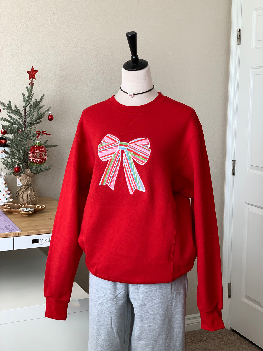 Candy Cane Bow Embroidered Christmas Sweatshirt | Festive Oversized Holiday Crewneck