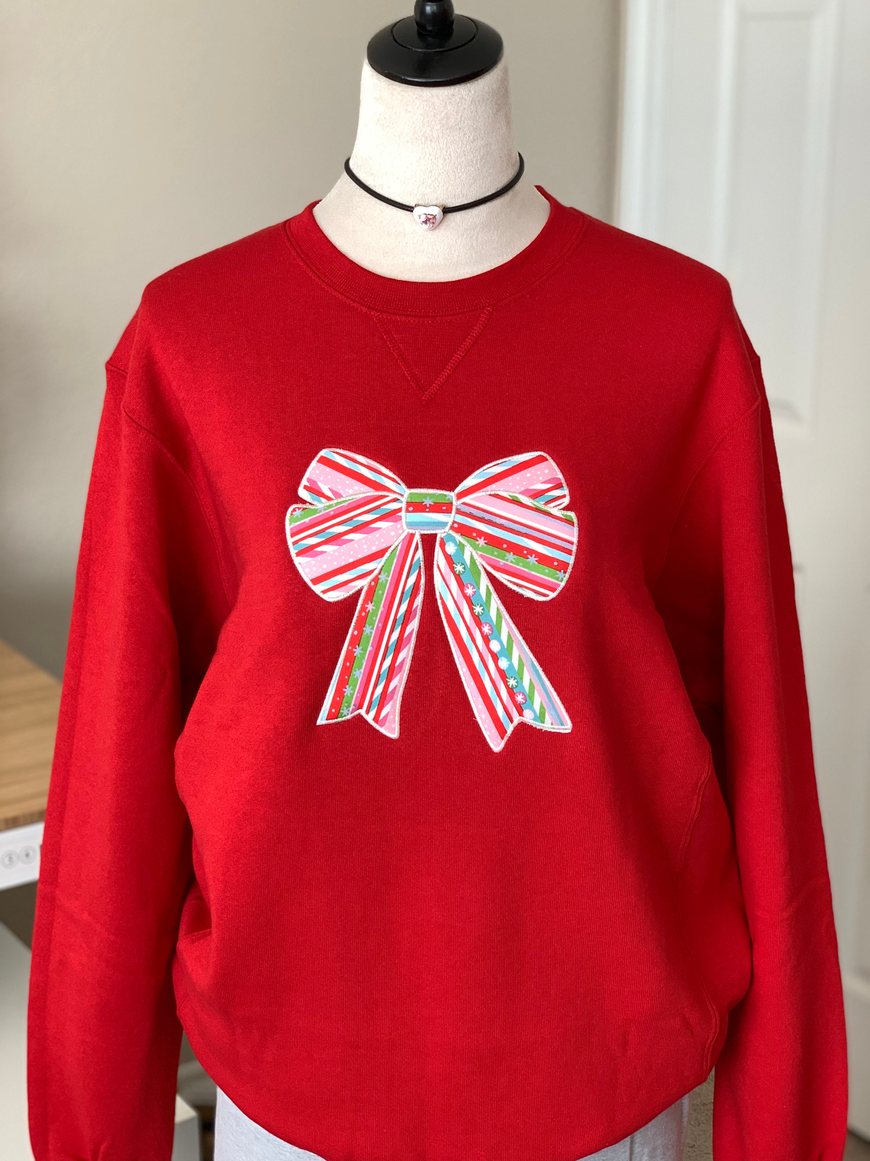 Candy Cane Bow Embroidered Christmas Sweatshirt | Festive Oversized Holiday Crewneck