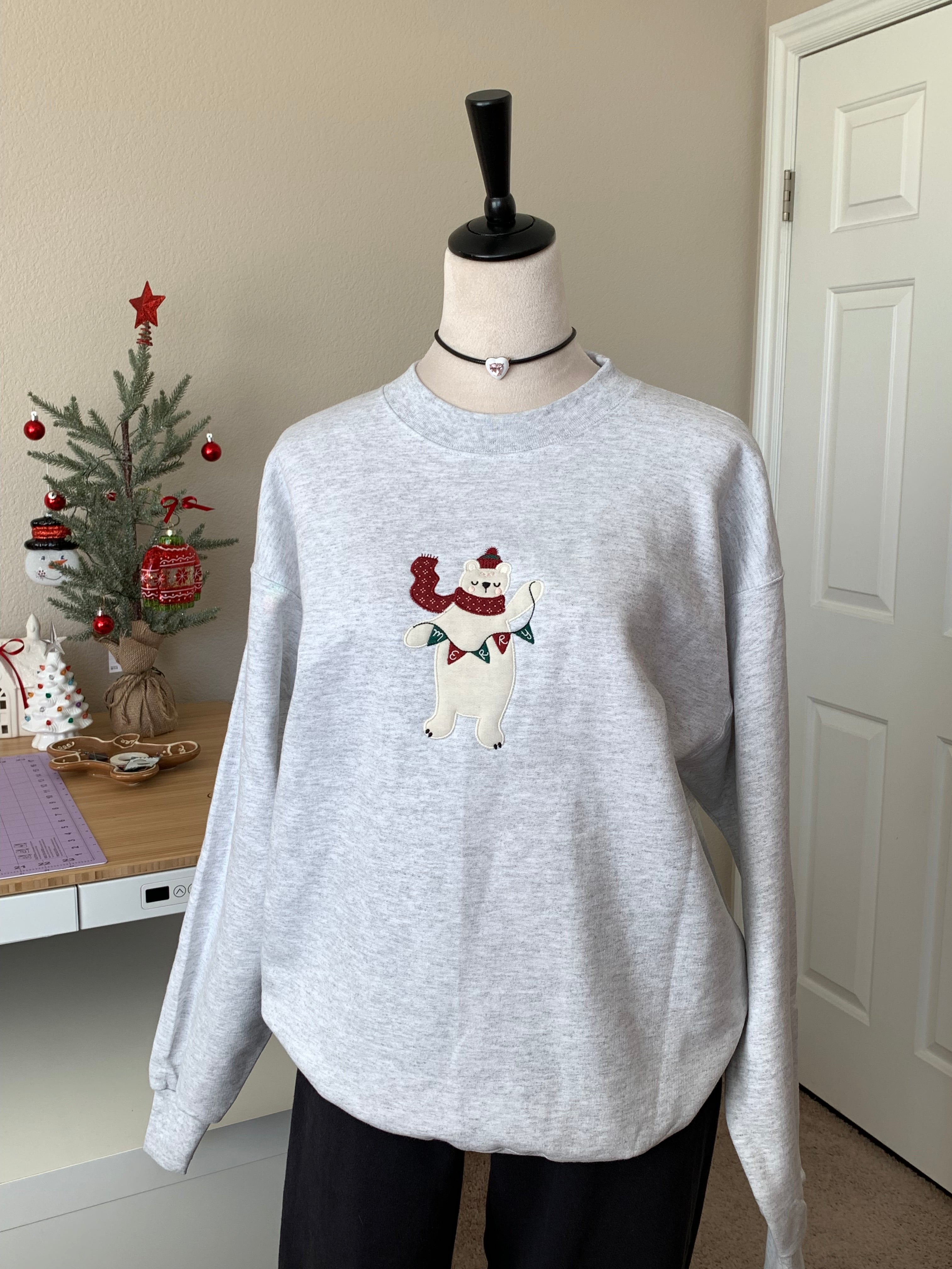 Merry Polar Bear Embroidered Christmas Sweatshirt | Cozy Oversized Holiday Crewneck