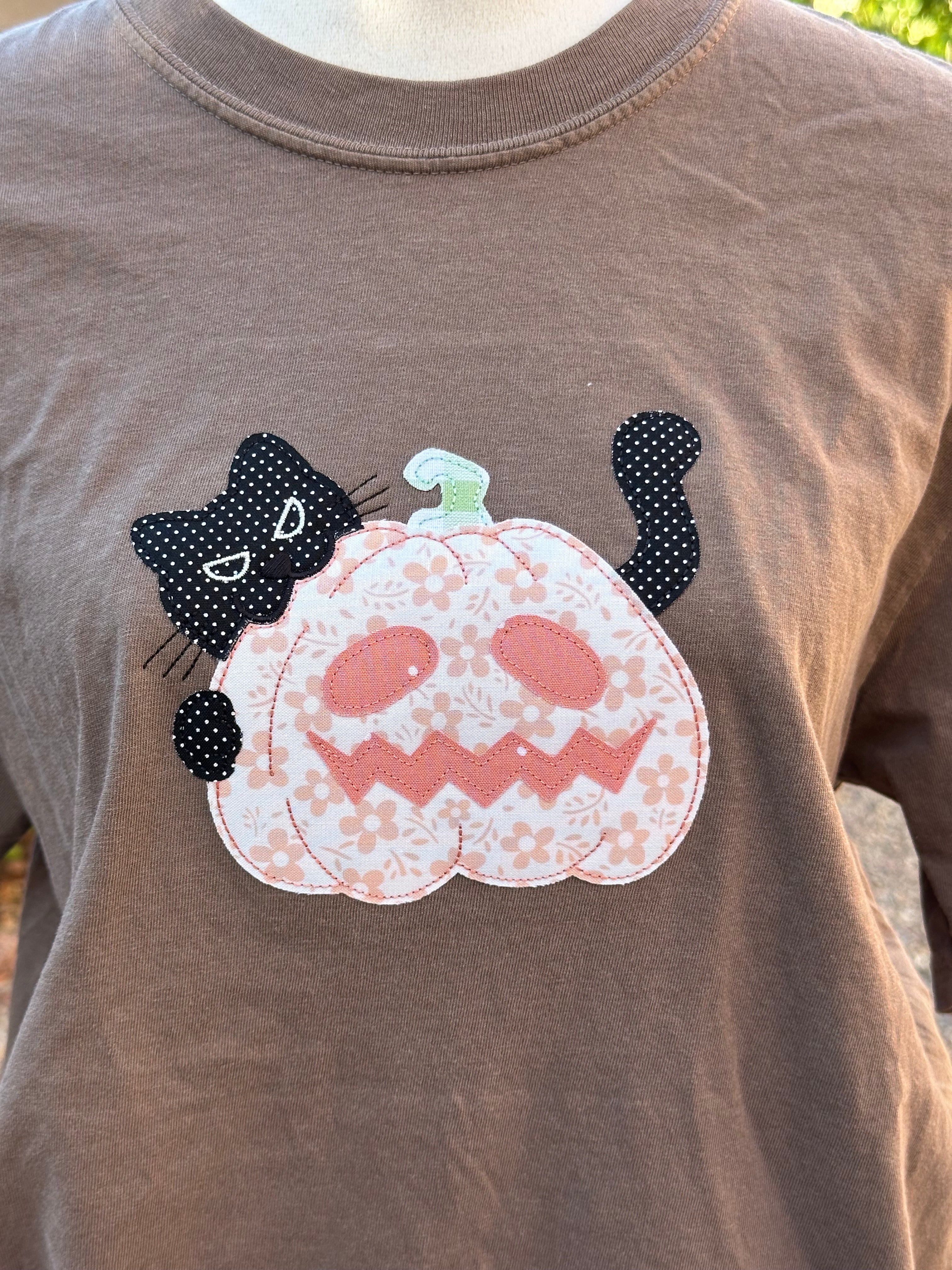 Black Cat Pumpkin Patchwork Tee — Espresso Relaxed Fit 100% Cotton T-Shirt