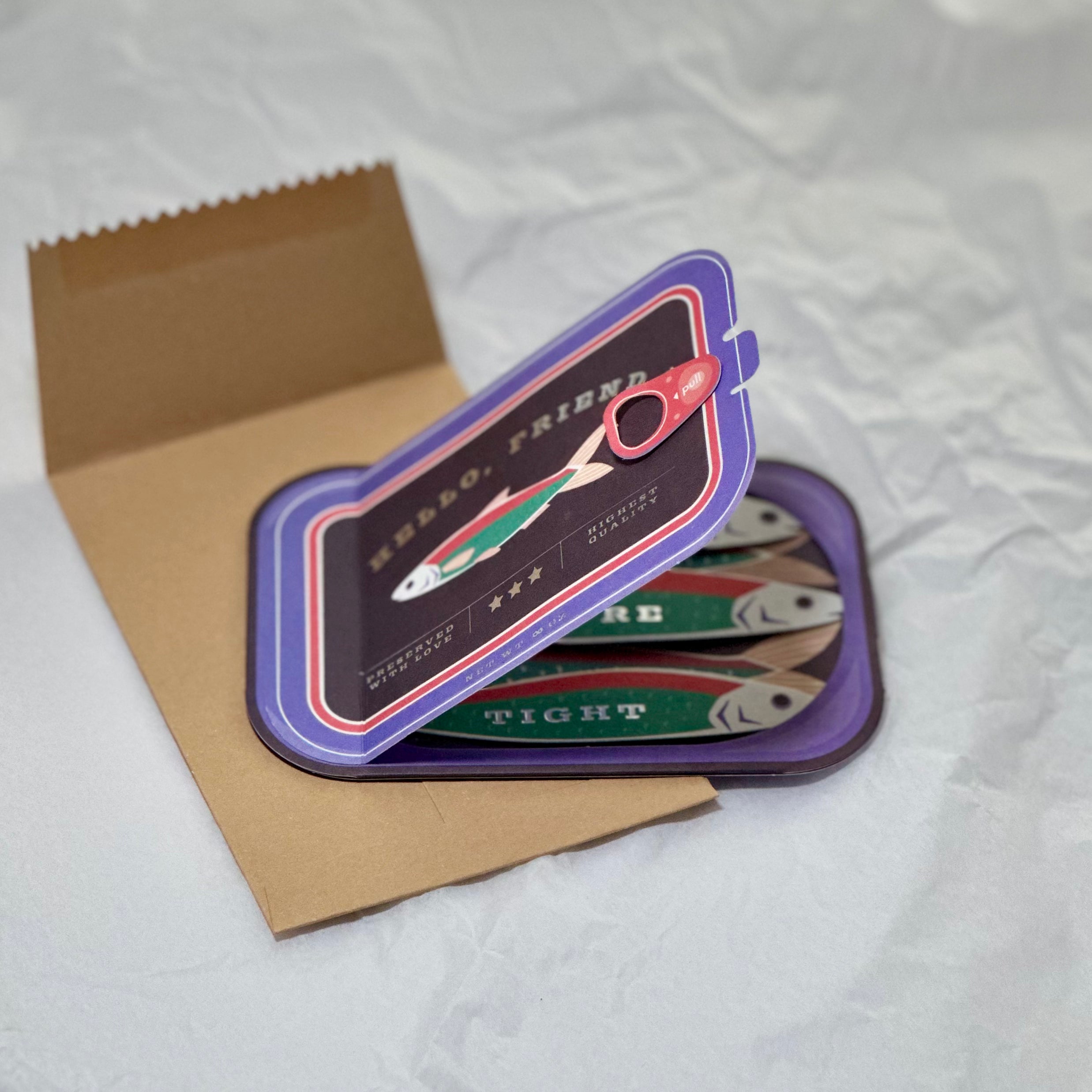 Sardine Tin Pop-Up Card – "Glad We’re Tight" Friendship Greeting Card