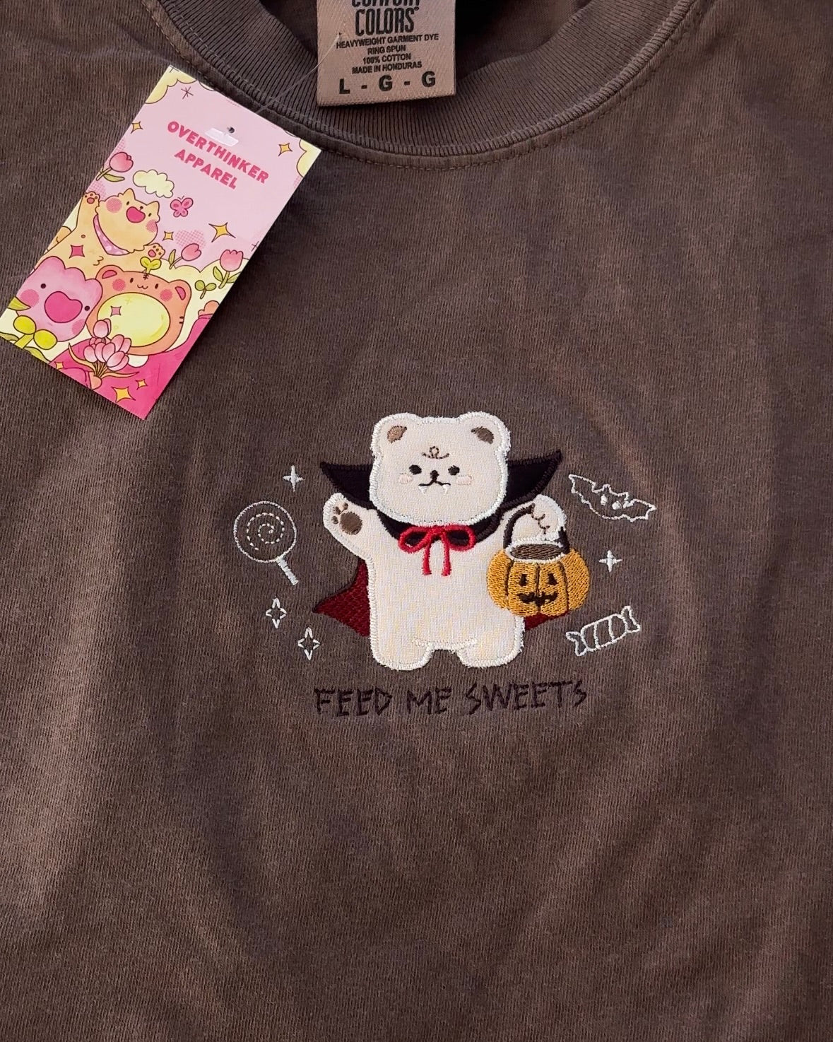 Vampire Bear 'Feed Me Sweets' Patchwork Tee — Espresso Relaxed Fit 100% Cotton T-Shirt