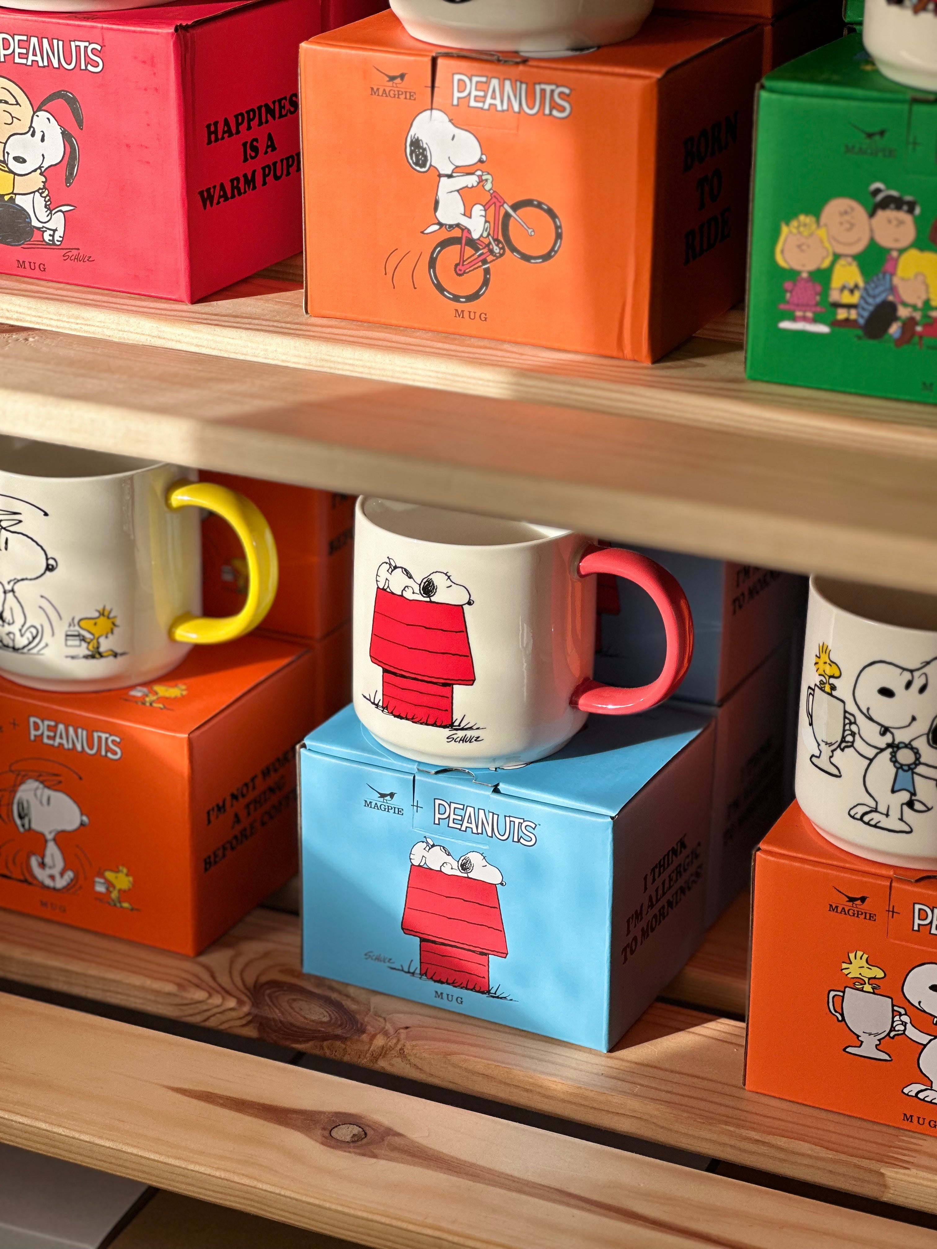 Snoopy “Allergic to Mornings” Mug – Funny Peanuts® Red Handle Coffee Cup