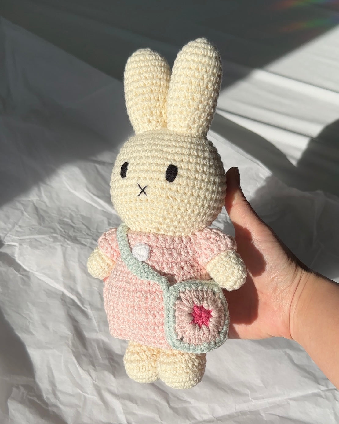 Handmade Miffy Crochet Plush – Pink Dress & Blue Flower Bag | Dorm Shelf Decor & Kawaii Gift