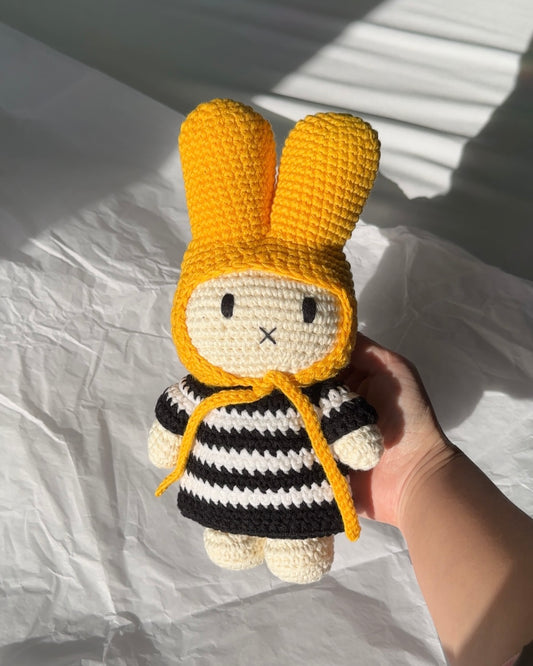 Miffy Crochet Plush Toy - Black Striped Dress + Yellow hat