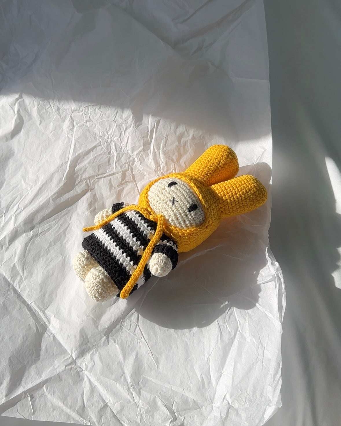 Handmade Miffy Crochet Plush – Black & White Striped Dress + Yellow Bonnet | Aesthetic Collectible, Cottagecore Decor, Just Dutch x Miffy