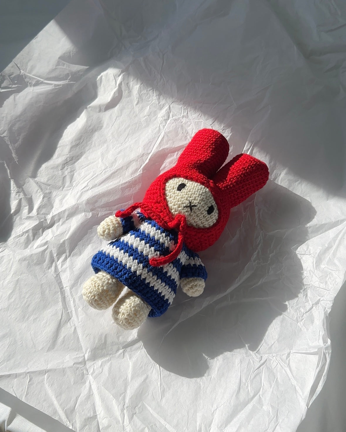 Handmade Miffy Crochet Plush – Striped Dress & Red Bonnet | Nautical Kawaii Decor, Just Dutch Collectible, Gift for All Ages