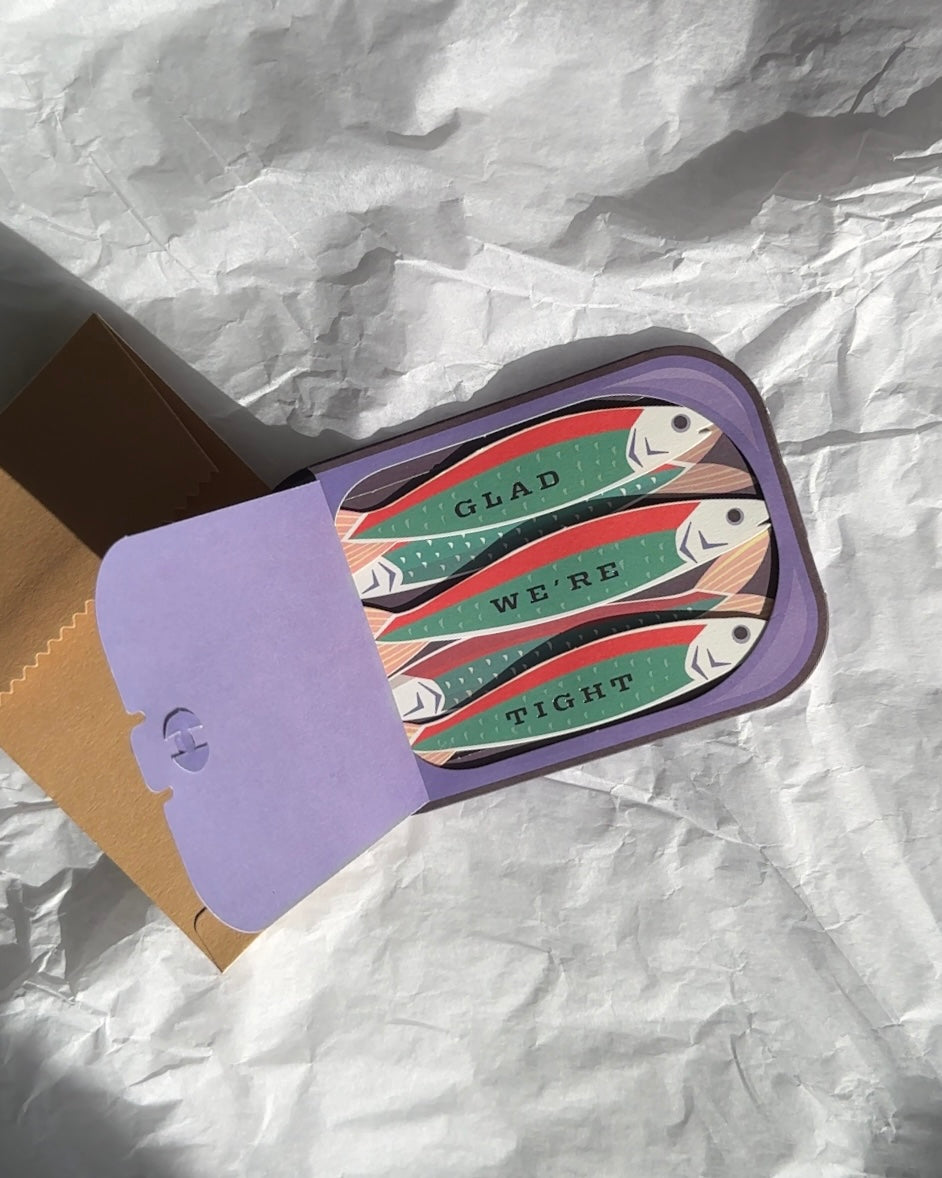 Sardine Tin Pop-Up Card – "Glad We’re Tight" Friendship Greeting Card