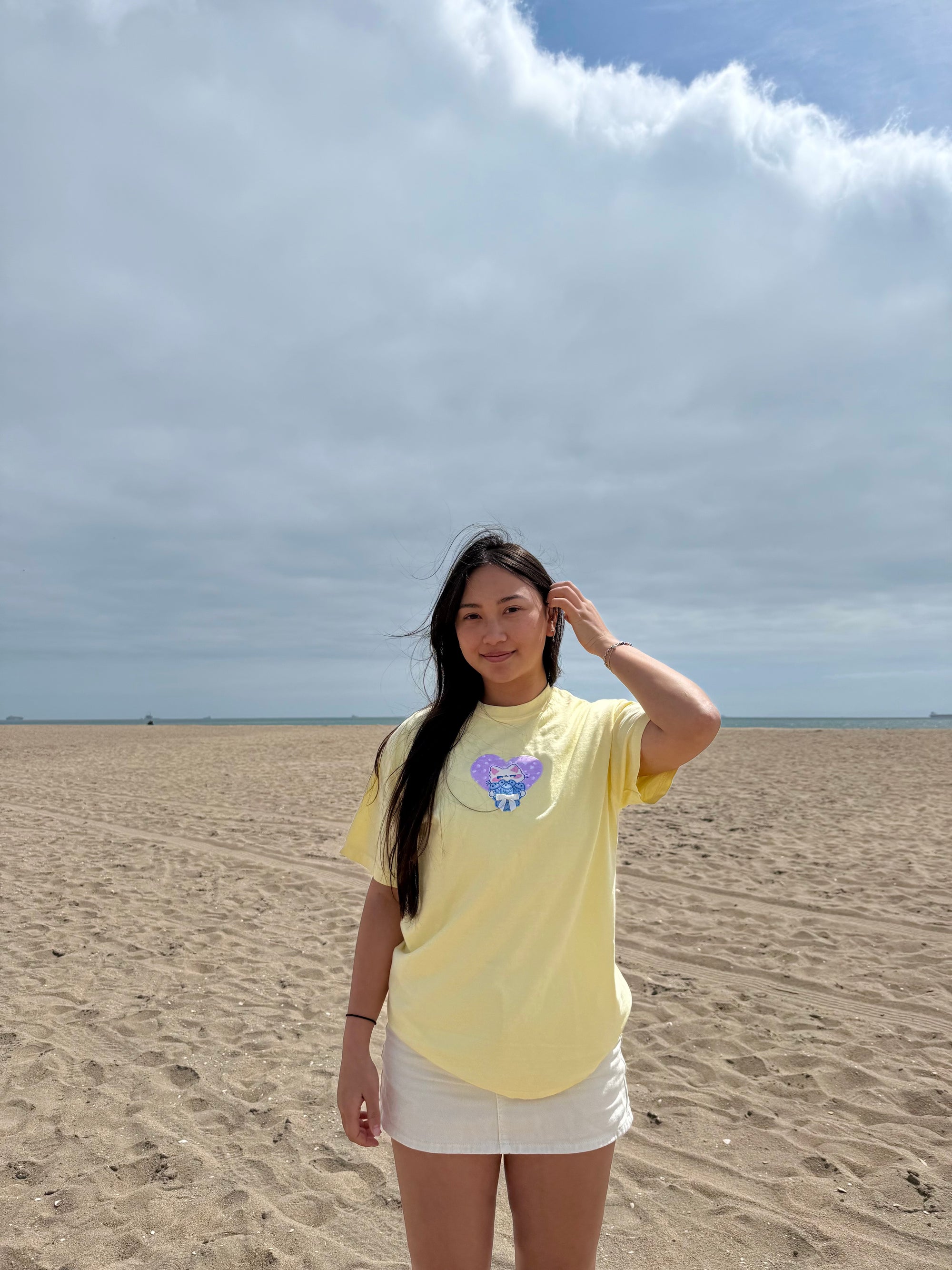 Cat Patchwork Embroidered Tee – Pastel Yellow