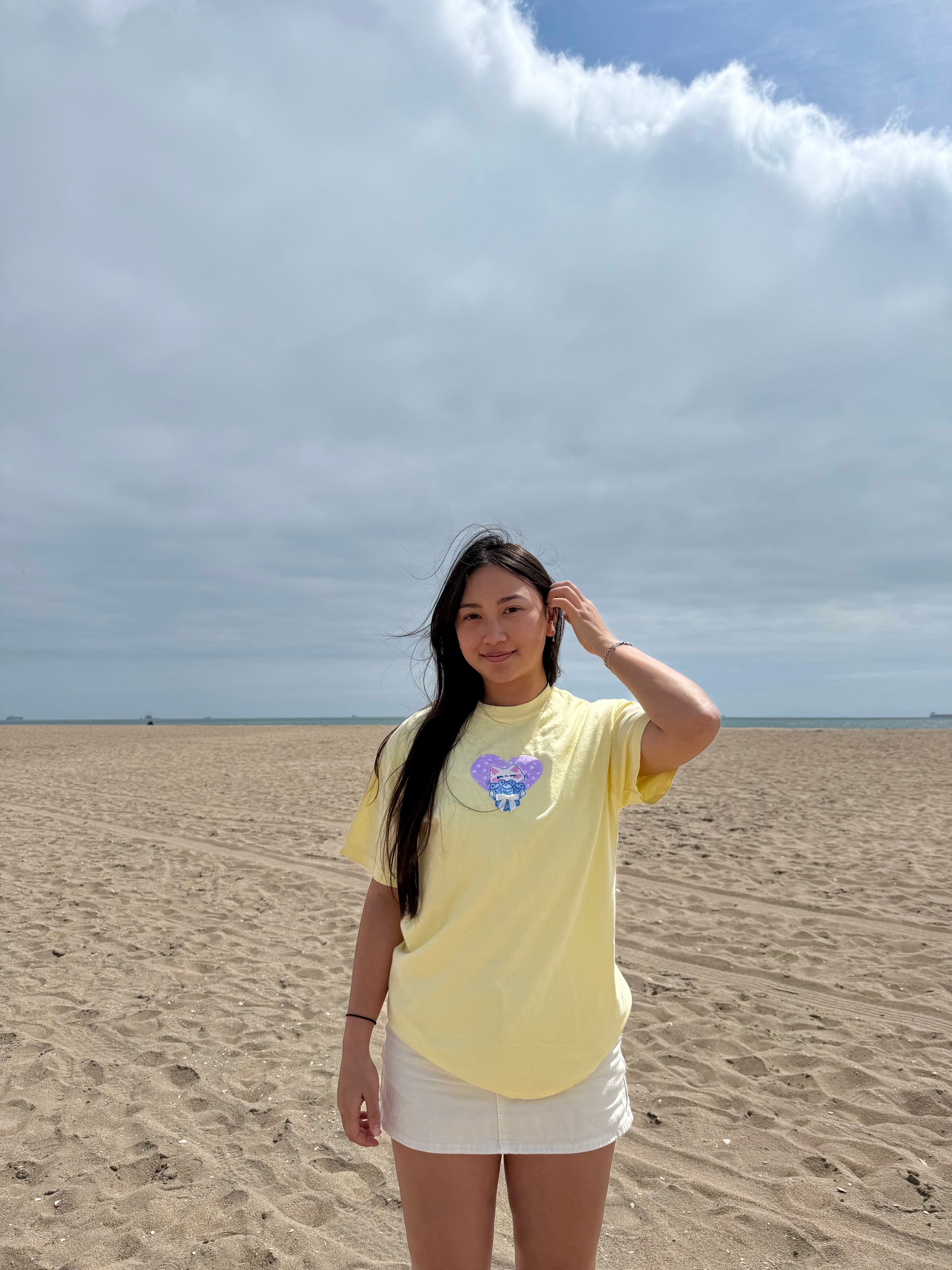 Cat Patchwork Embroidered Tee – Pastel Yellow