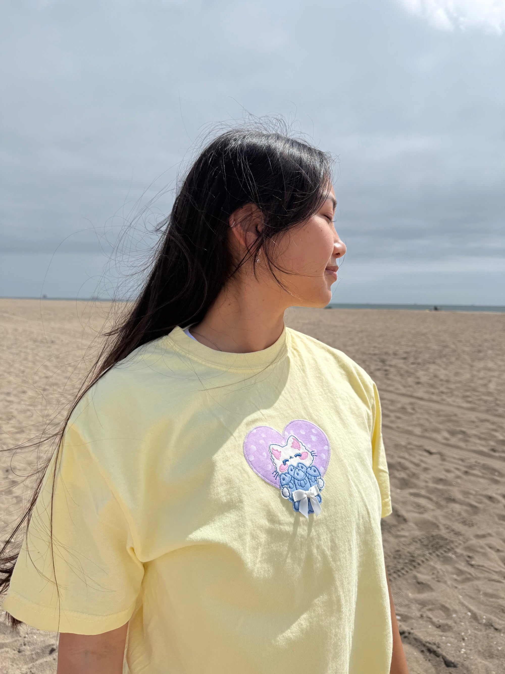 Cat Patchwork Embroidered Tee – Pastel Yellow