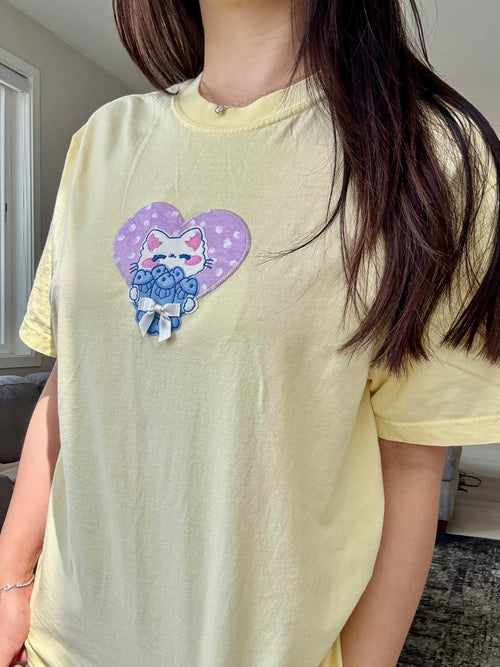 Cat Patchwork Embroidered Tee | Pastel Yellow Comfort Colors® Shirt | Small Batch Gift for Cat Lovers