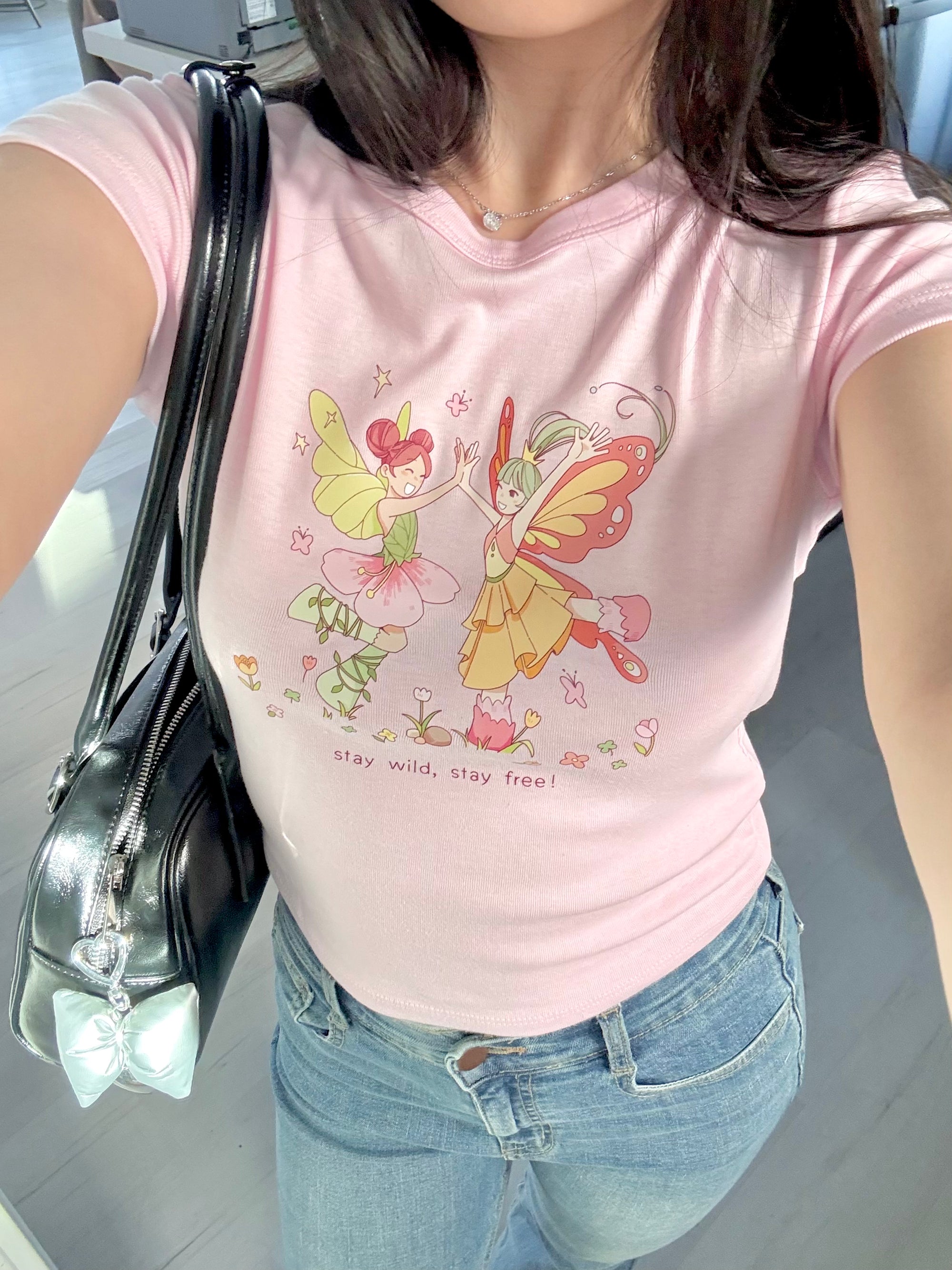 Dancing Fairies Graphic Baby Tee - Pastel Pink