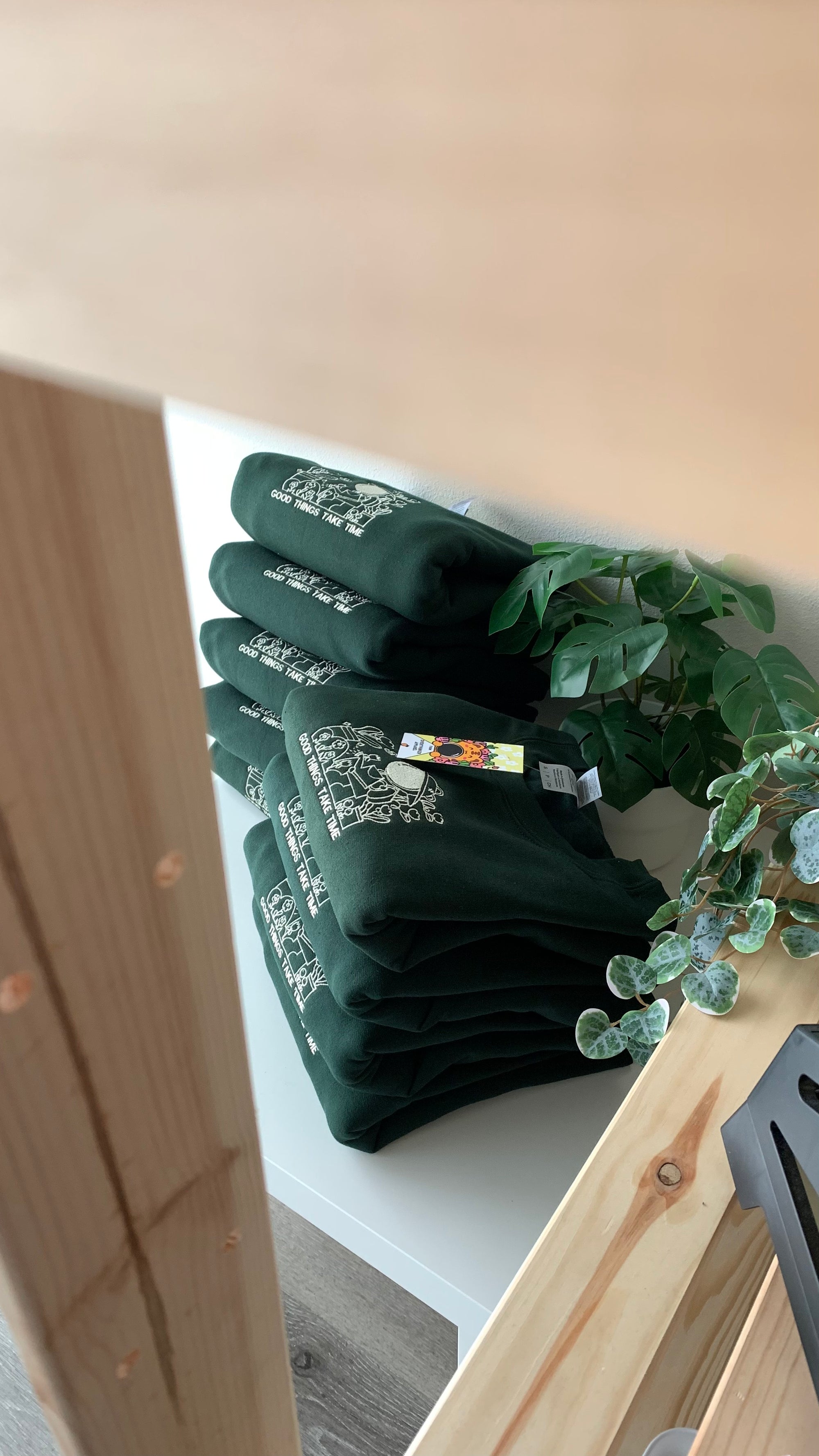 [Studio Sample] Good Things Take Time Embroidered Sweatshirt – Forest Green Crewneck for Plant Lovers, Burnout Recovery, and Soft Self-Motivation