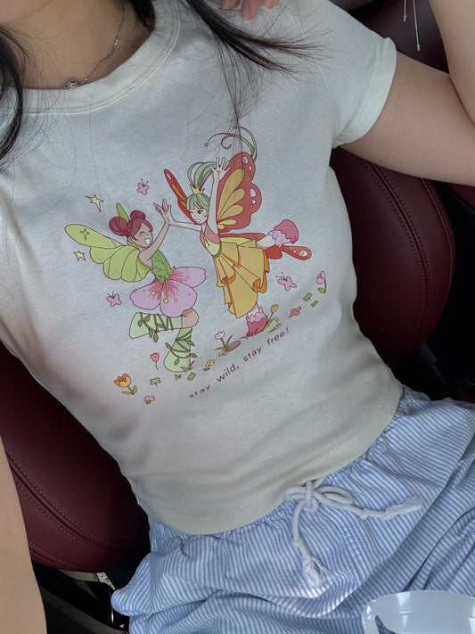 Dancing Fairies Baby Tee – Beige Graphic Fitted T-Shirt, Stay Wild Stay Free Top, Soft Girl Fairycore Aesthetic