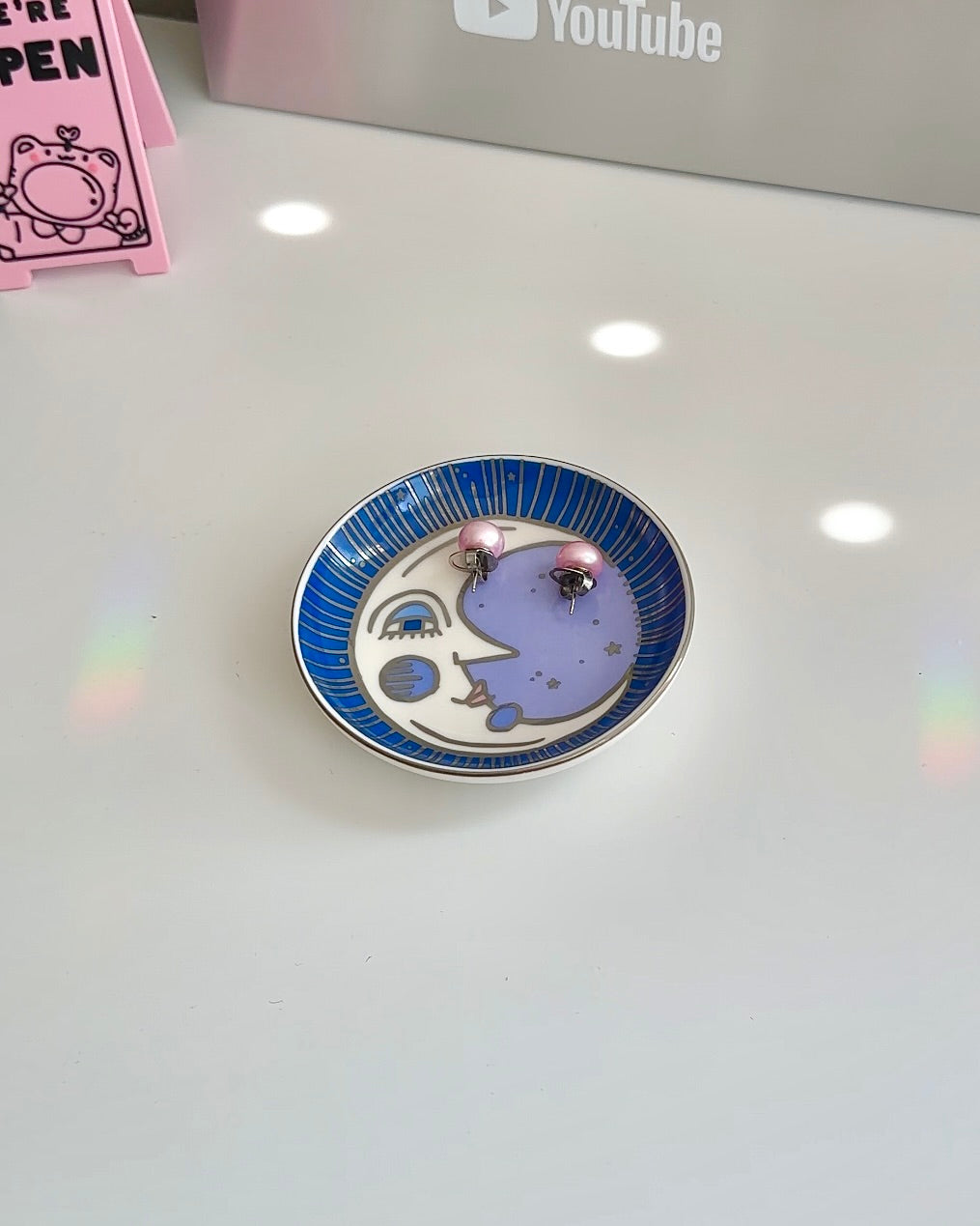 Celestial Moon Trinket Dish – Hand-Painted Ceramic Catchall with Silver Accents