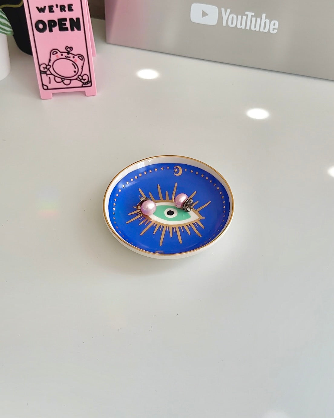 Evil Eye Trinket Dish – Ceramic Jewelry Tray for Dorm Desk & Boho Decor