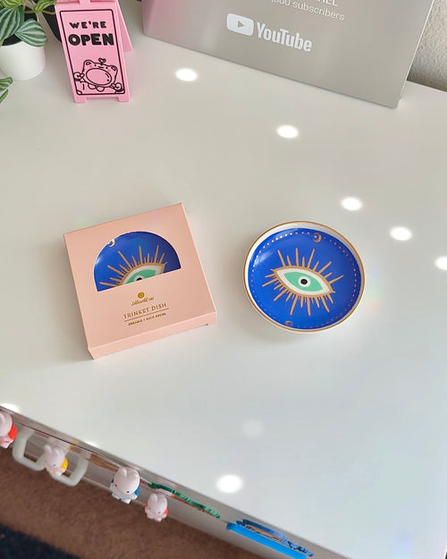 Evil Eye Ceramic Trinket Dish – Blue Jewelry Catchall with Gold Detail