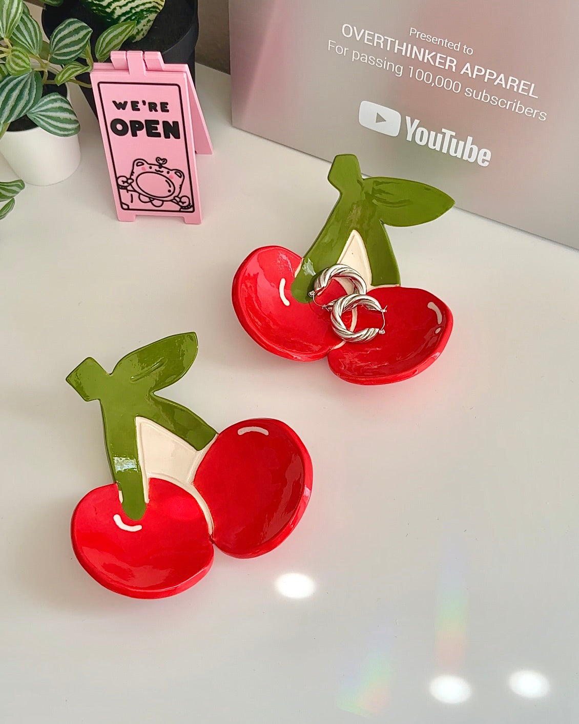Cherry Ceramic Trinket Dish – Handmade Fruit Dorm Desk Tray & Spoon Rest