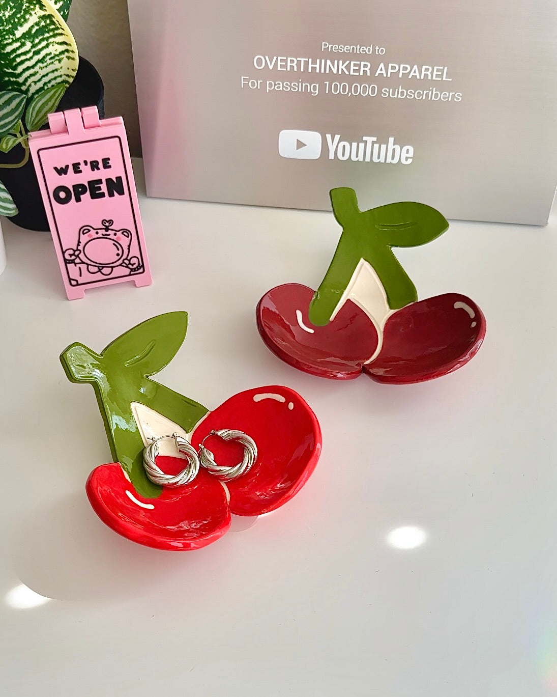Cherry Ceramic Trinket Dish – Handmade Fruit Dorm Desk Tray & Spoon Rest
