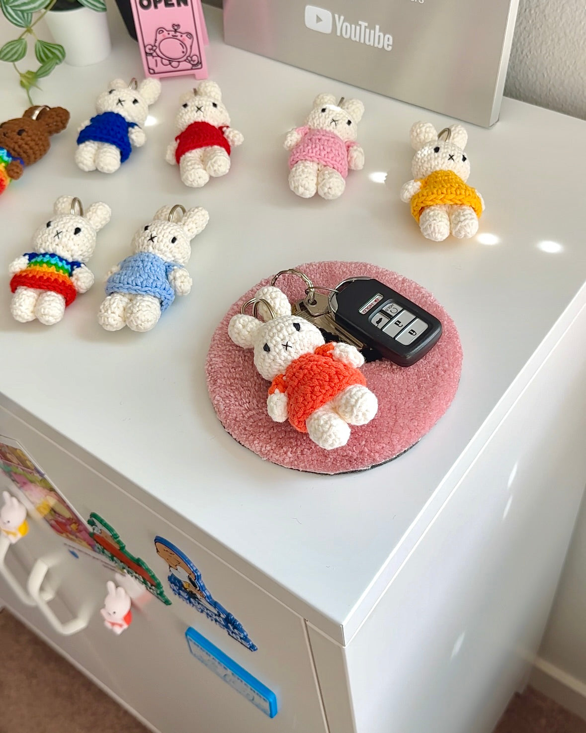 Miffy Crochet Keychain – Handmade Plush Bag Charm (Orange Dress) | Kawaii Gift for Keys, Backpacks & Summer Aesthetics