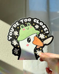 “You’re Too Close!” Goose Sticker – Funny Frog Hat Vinyl Car Decal & Holiday Gift