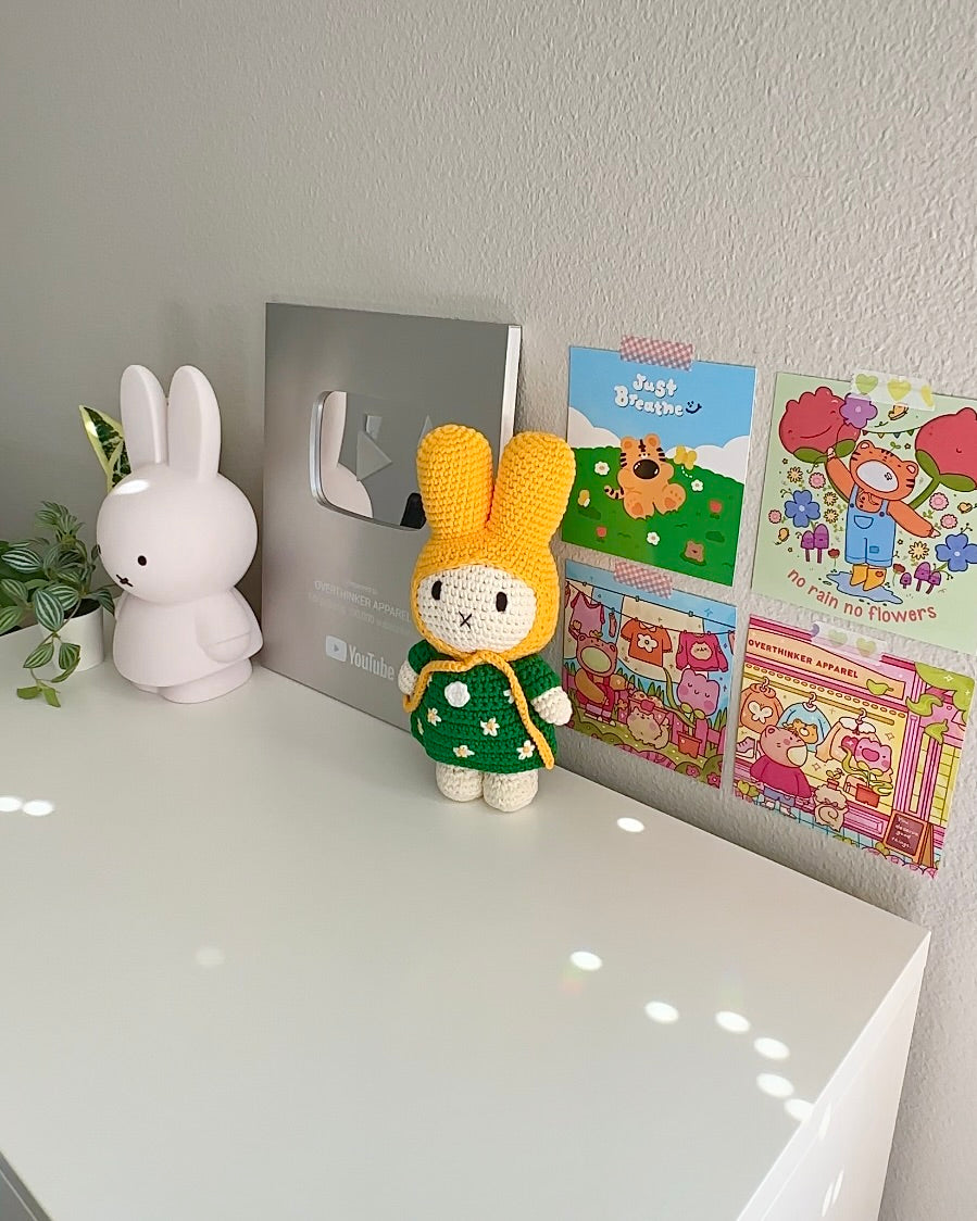 Handmade Miffy Crochet Plush – Green Floral Dress & Yellow Bonnet | Soft Girl Shelf Decor, Cottagecore Gift, Official Just Dutch x Miffy