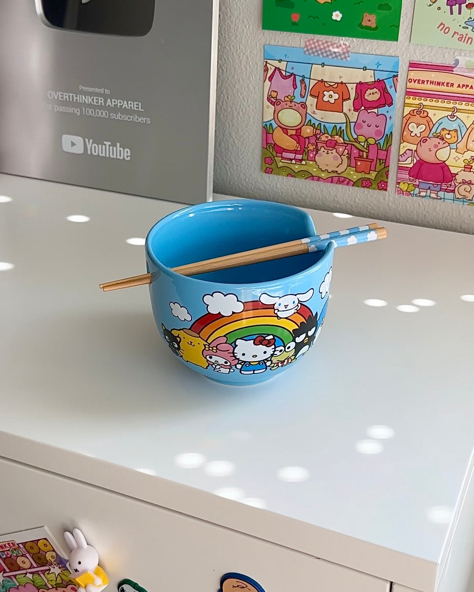 Hello Kitty & Friends Ramen Bowl – Blue Kawaii Ceramic Noodle Bowl with Chopsticks (20 oz)