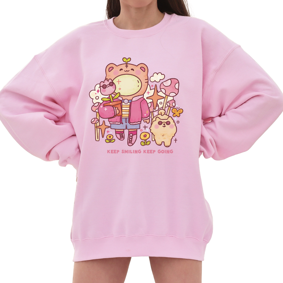 "Keep Going, Keep Smiling" Crewneck Sweatshirt - Light Pink