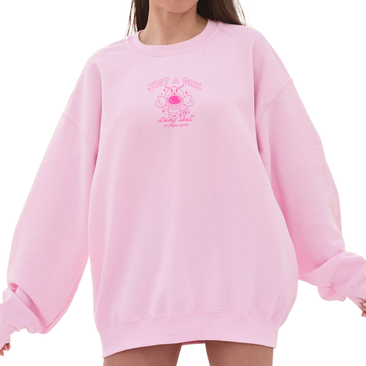 "Just A Girl: Strong Shell, Stronger Spirit" Embroidered Crewneck Sweatshirt - Oversized