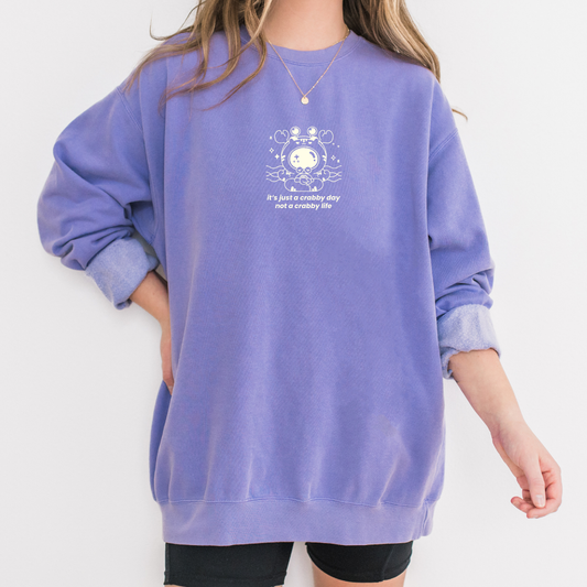 "Crabby Day Not Crabby Life" Embroidered Crewneck Sweatshirt  - Violet