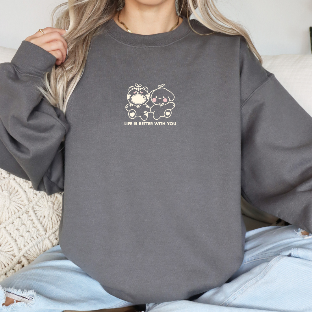 LIFE IS BETTER WITH YOU Embroidery Crewneck Sweatshirt - OVERSIZED