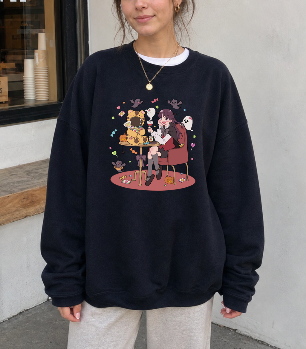Midnight Party Graphic Crewneck — Black Oversized Halloween Sweatshirt