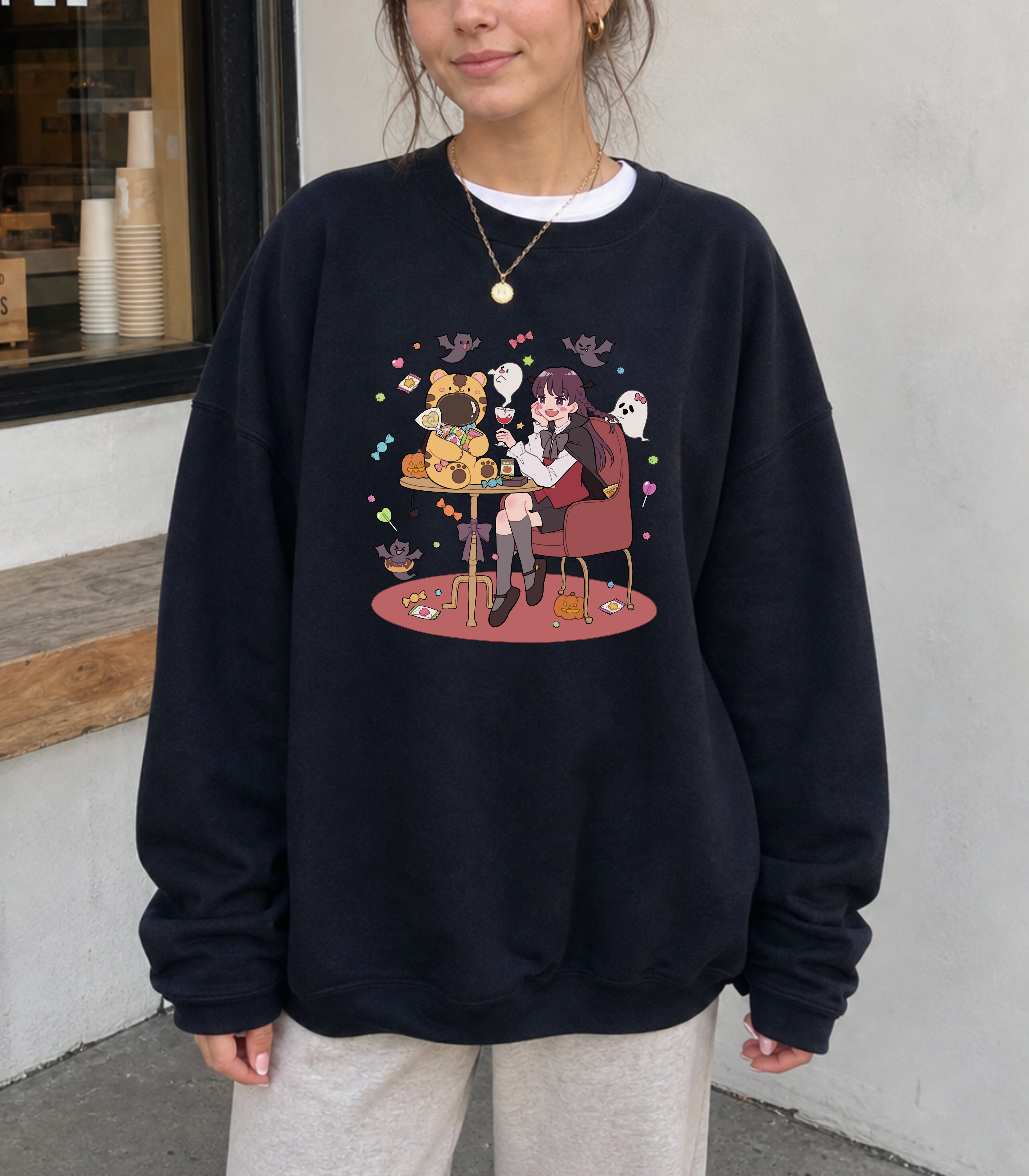 Midnight Party Halloween Crewneck – Black Graphic Sweatshirt for Cute & Cozy Spooky Season Fits