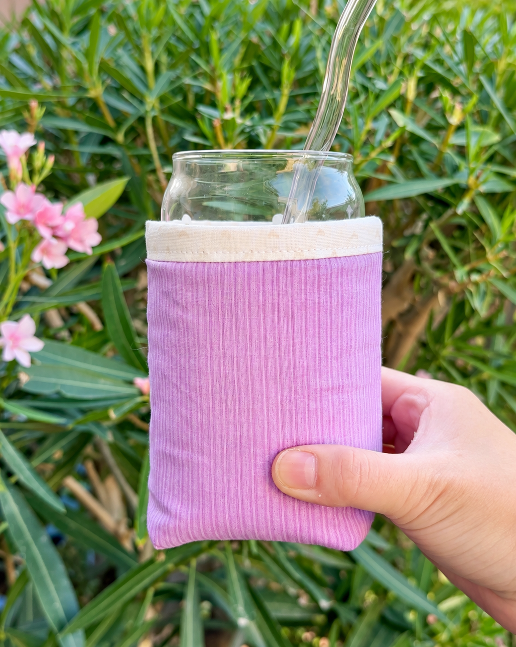 Lilac Pinstripe Iced Coffee Cozy