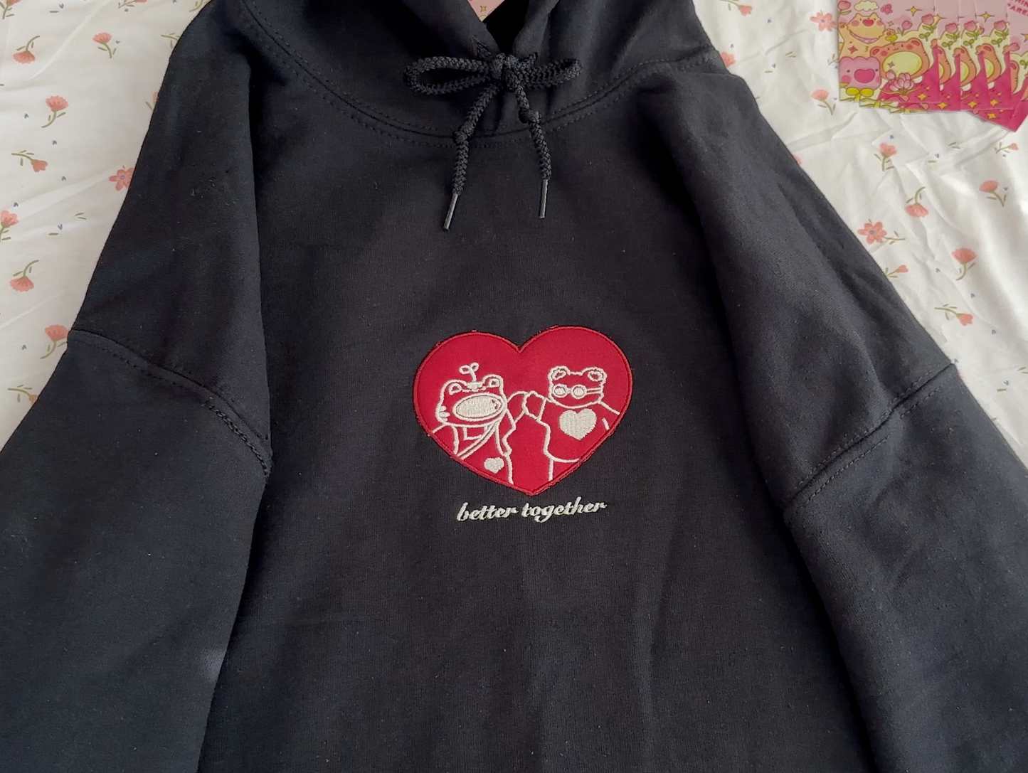 'Better Together' Embroidered Sweatshirt – Black with Dark Red Heart Applique