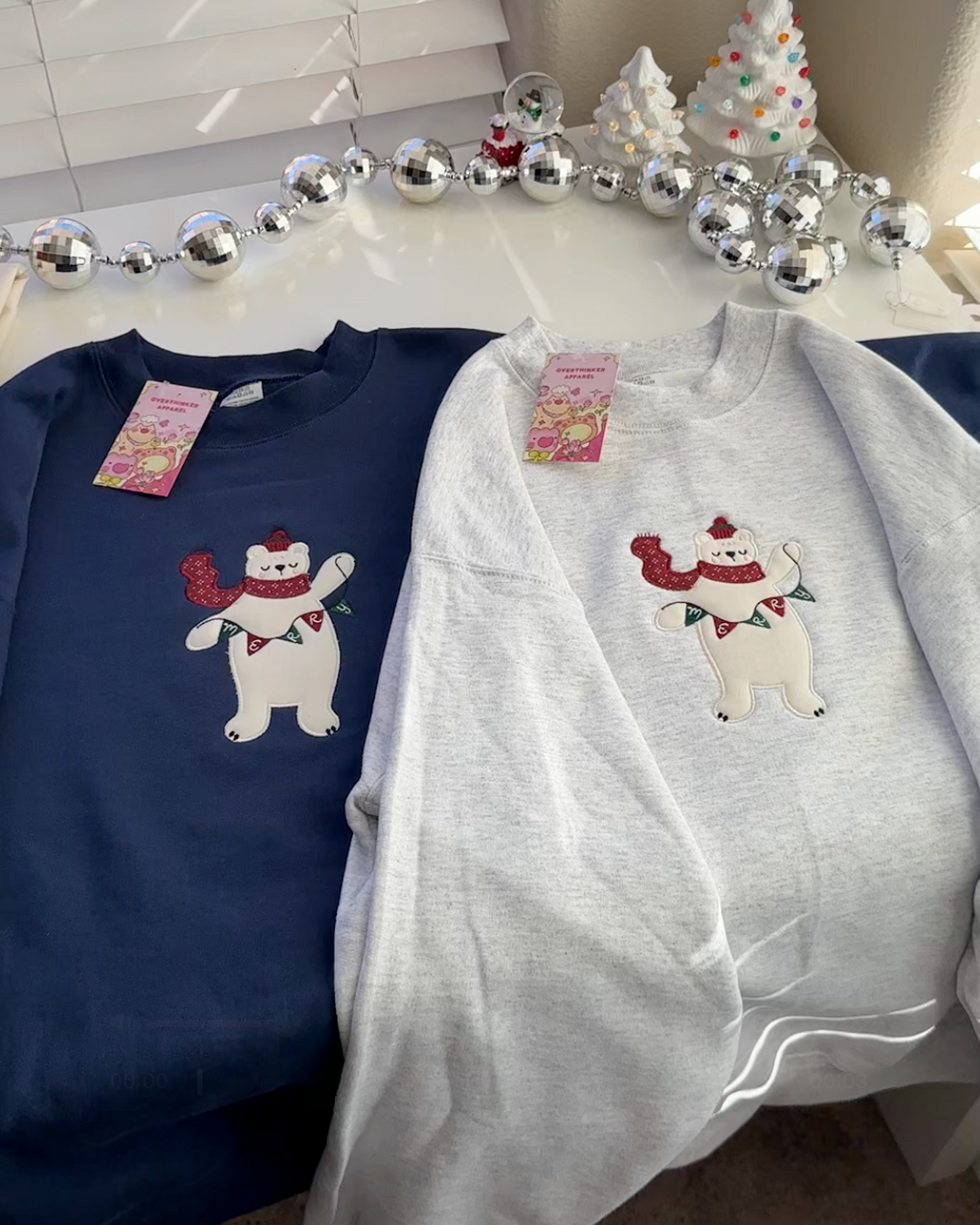 Merry Polar Bear Embroidered Christmas Sweatshirt | Cozy Oversized Holiday Crewneck