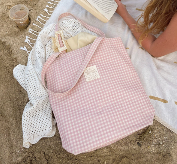 Strawberry Gingham Tote Bag – Pink Canvas Everyday Bag with Magnetic Closure & Interior Pockets (15")