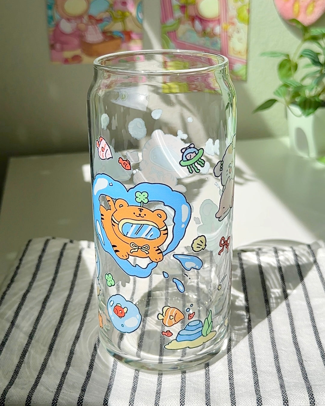 Ocean Playground Glass Can – 20 oz Kawaii Coastal Cup for Dorm & Desk Drinks