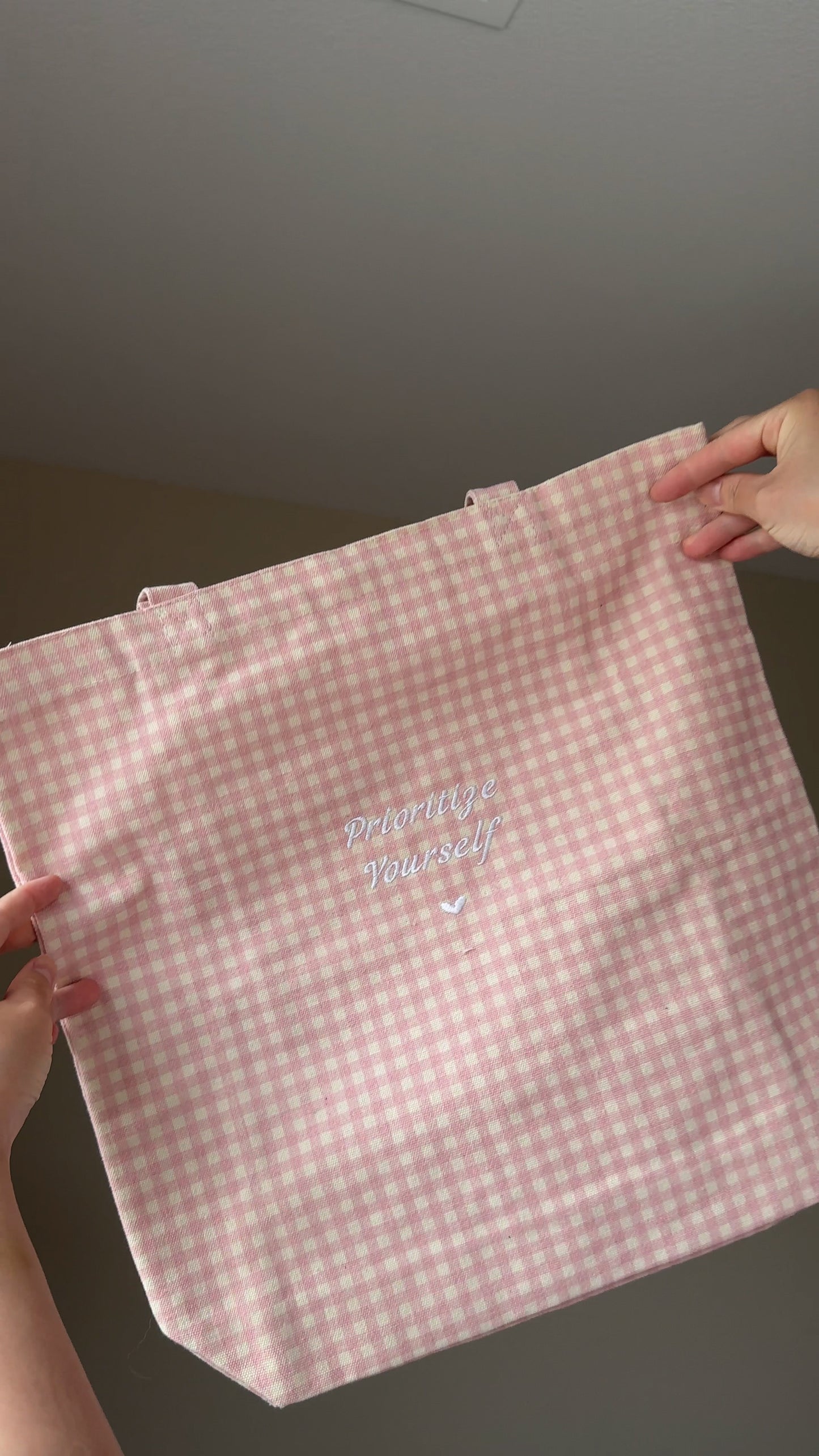 'Prioritize Yourself' Strawberry Gingham Embroidered Canvas Tote