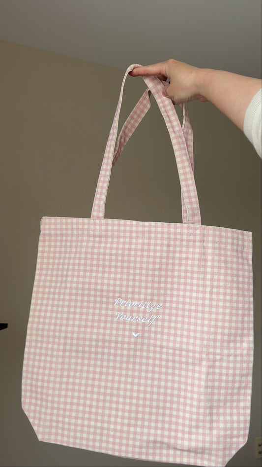 'Prioritize Yourself' Strawberry Gingham Embroidered Canvas Tote