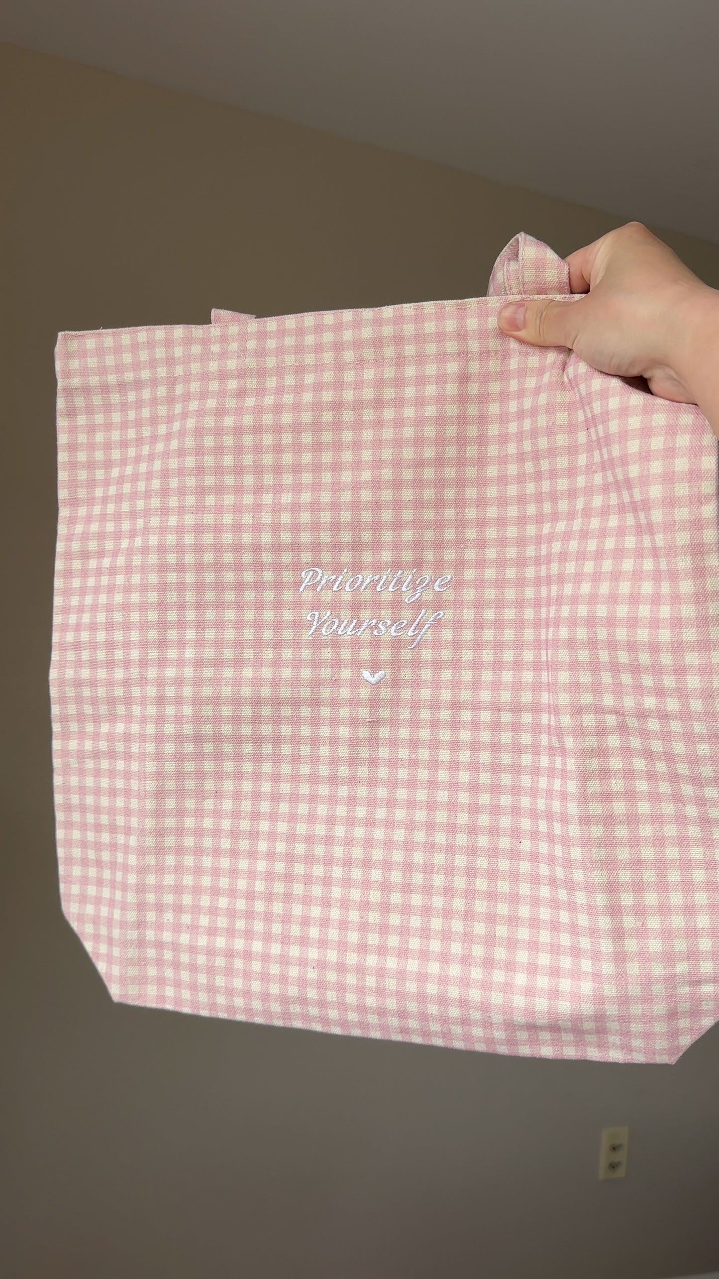 'Prioritize Yourself' Strawberry Gingham Embroidered Canvas Tote