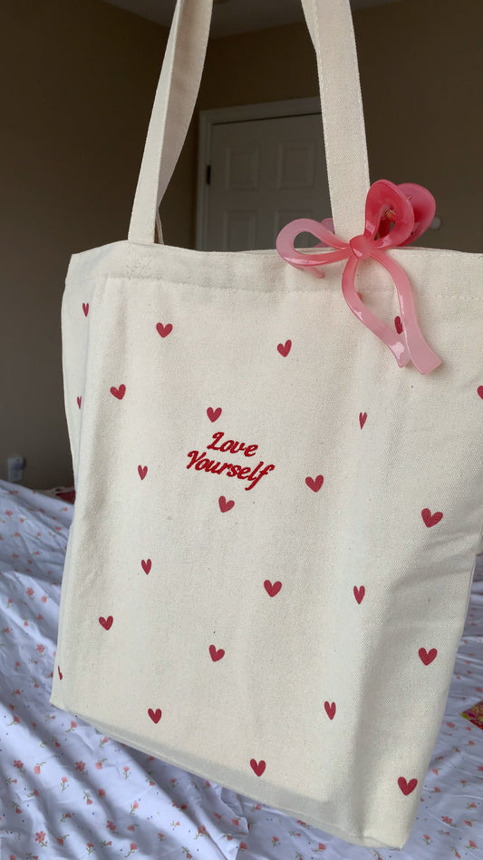 Love Yourself Embroidered Canvas Totes (Natural with Heart Patterns)