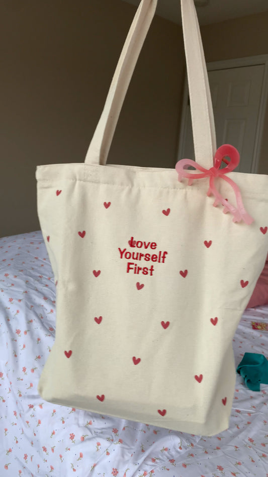 'Love Yourself First' Embroidered Canvas Tote – Everyday Comfort with a Meaningful Touch