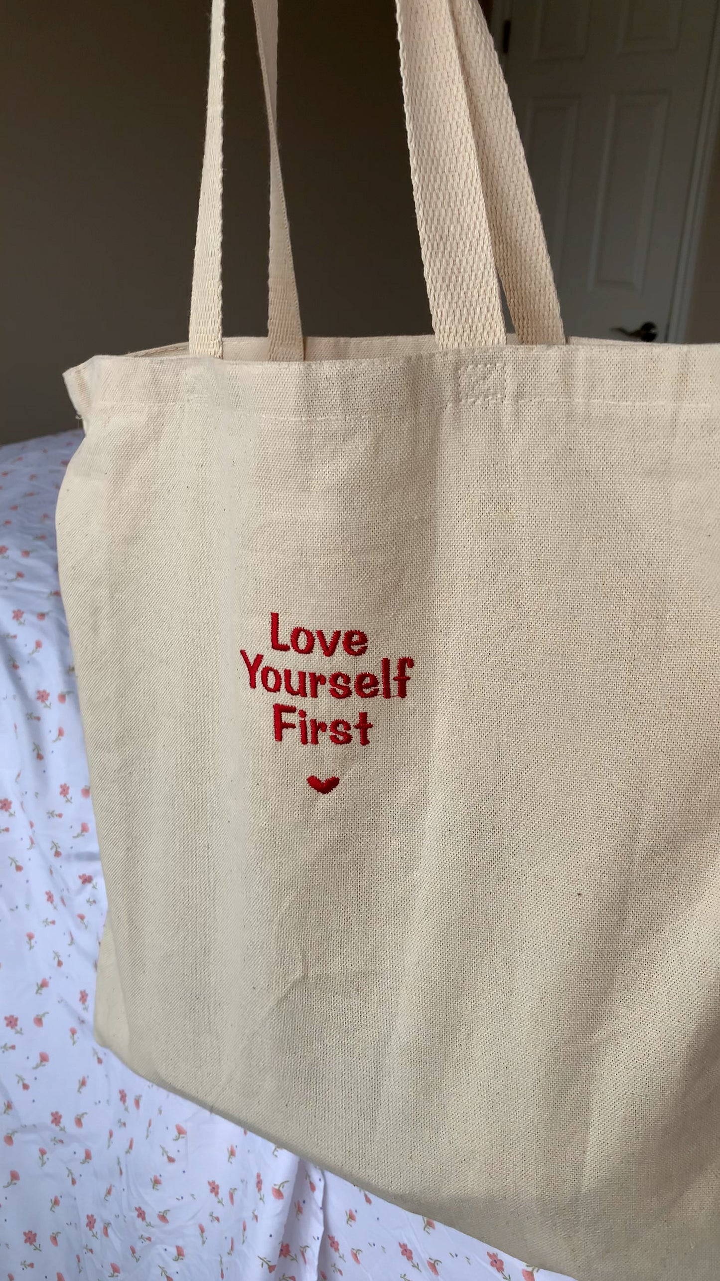 'Love Yourself First' Embroidered Canvas Totes