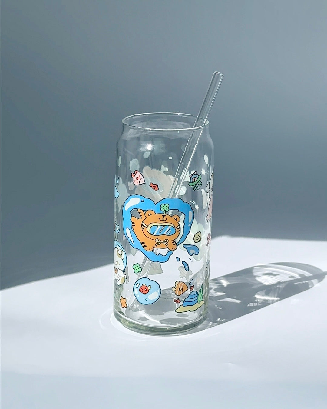 Ocean Playground Glass Can – 20 oz Kawaii Coastal Cup for Dorm & Desk Drinks