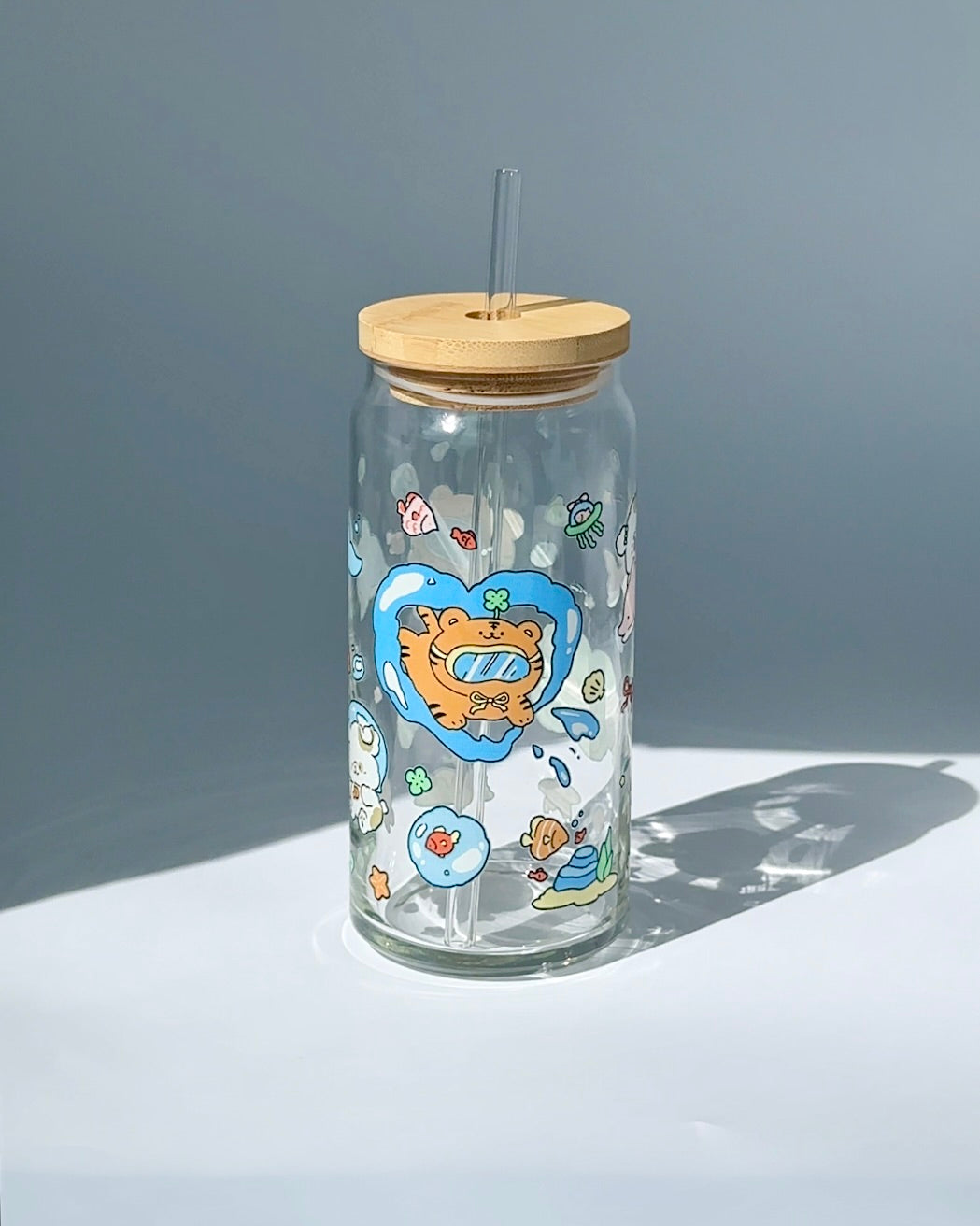 Ocean Playground Glass Can – 20 oz Kawaii Coastal Cup for Dorm & Desk Drinks