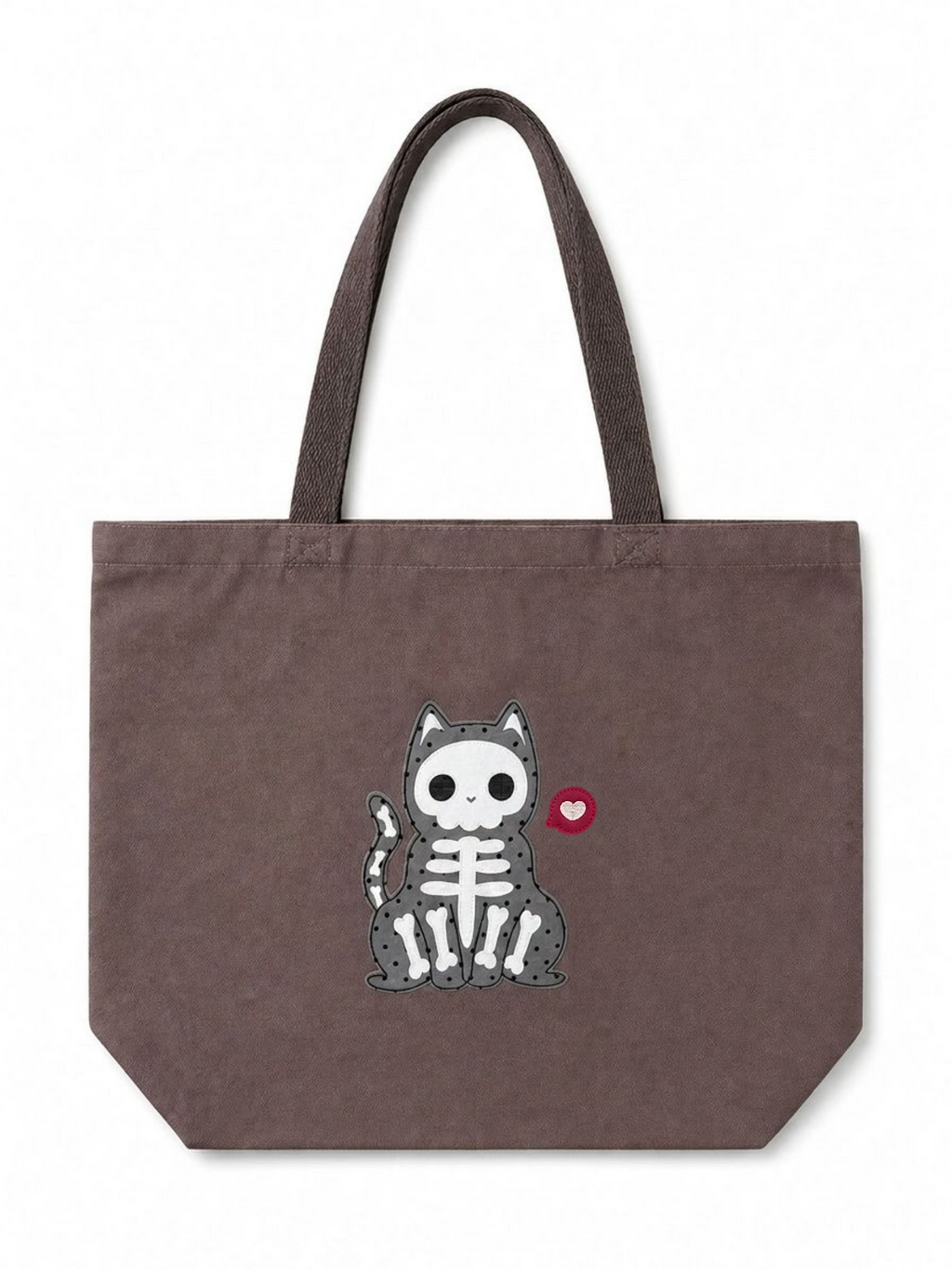 Skeleton Cat Patchwork Tote — Mocha Brown Canvas Tote Bag